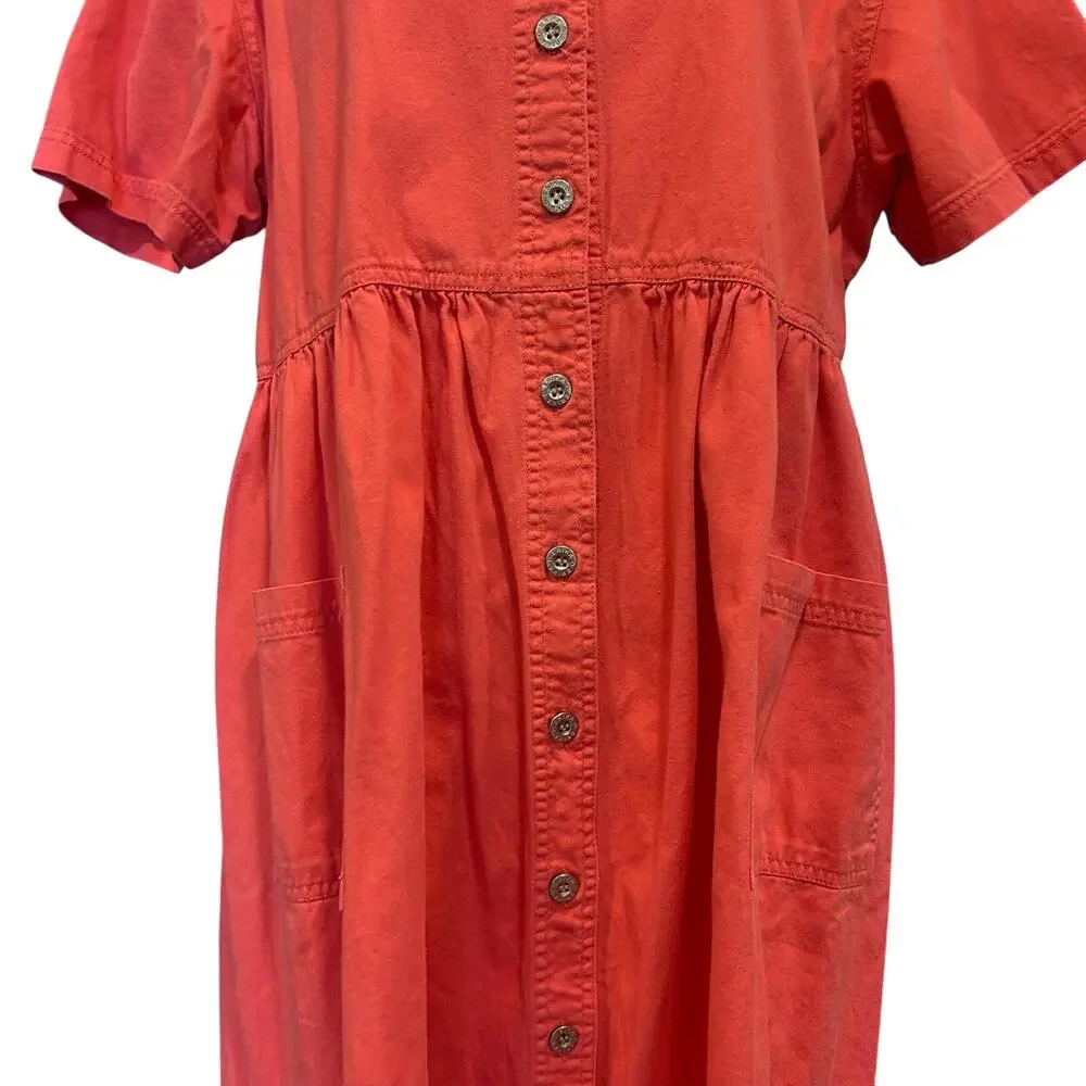 Vintage 90s Coral Cotton Button-Front Empire Waist Midi Dress Cottagecore XL